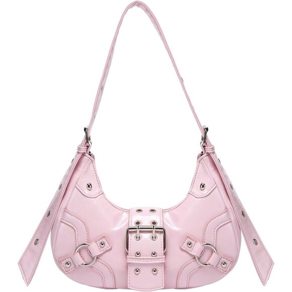 Women's Studded PU Leather Tote Handbag Adjustable Strap Boho Bags -Pink - Picture 3 of 9
